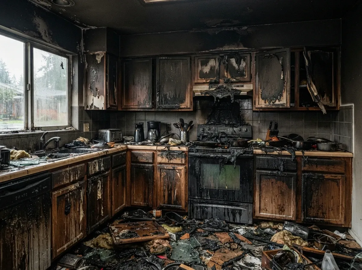 Basement with fire and smoke damage before restoration in Seattle