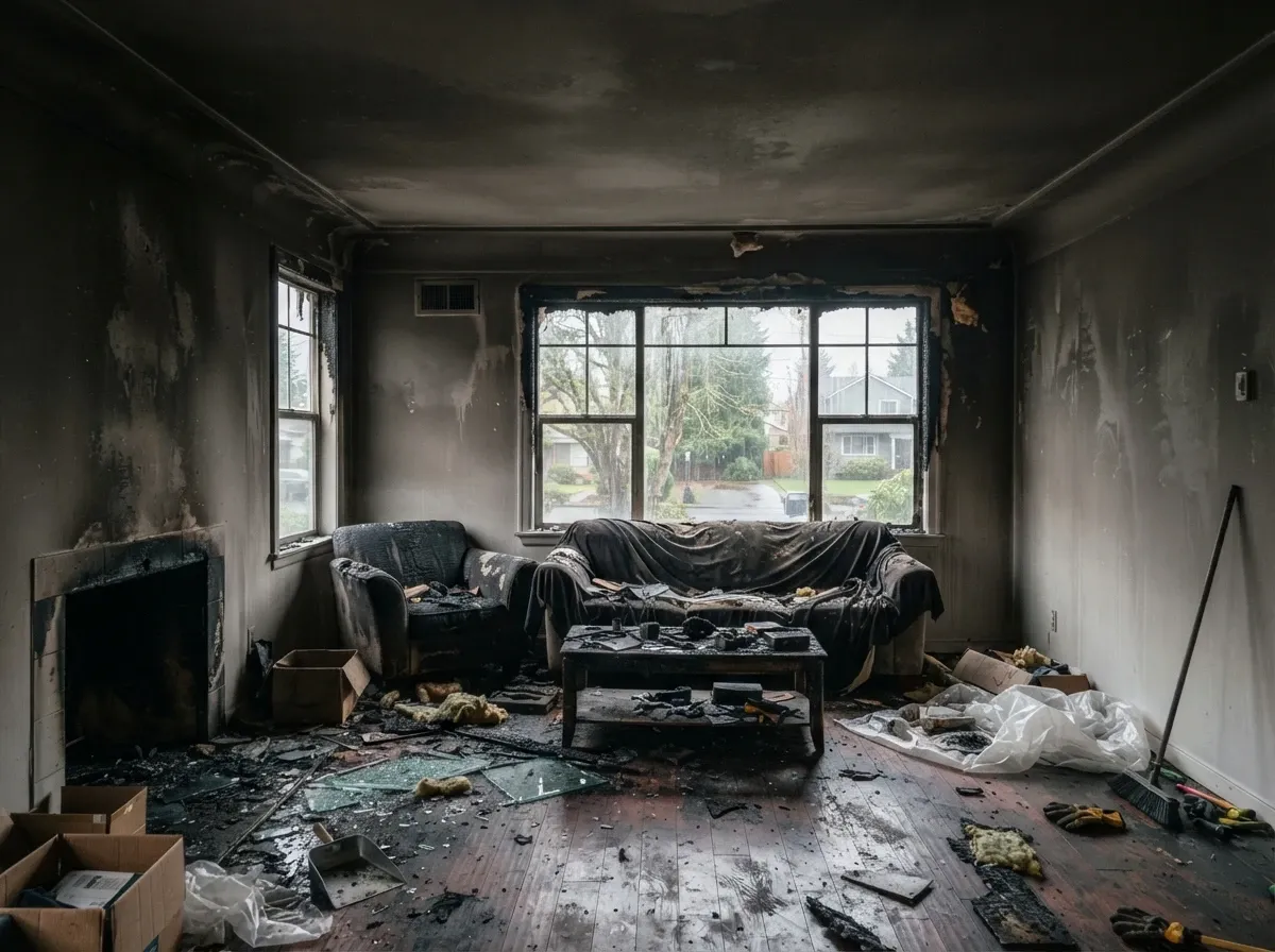 Seattle ceiling with fire and smoke damage before restoration