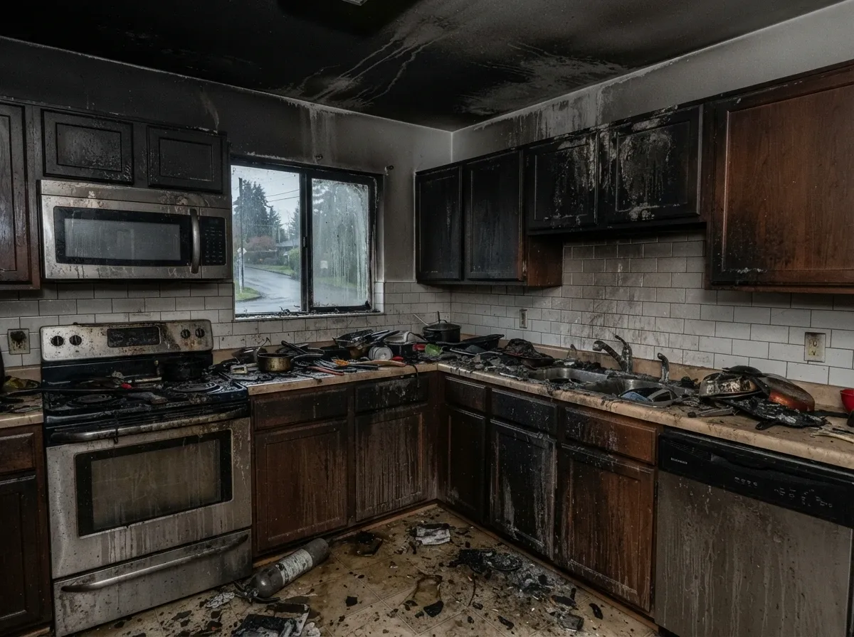 Seattle bathroom wall with smoke and fire damage before restoration