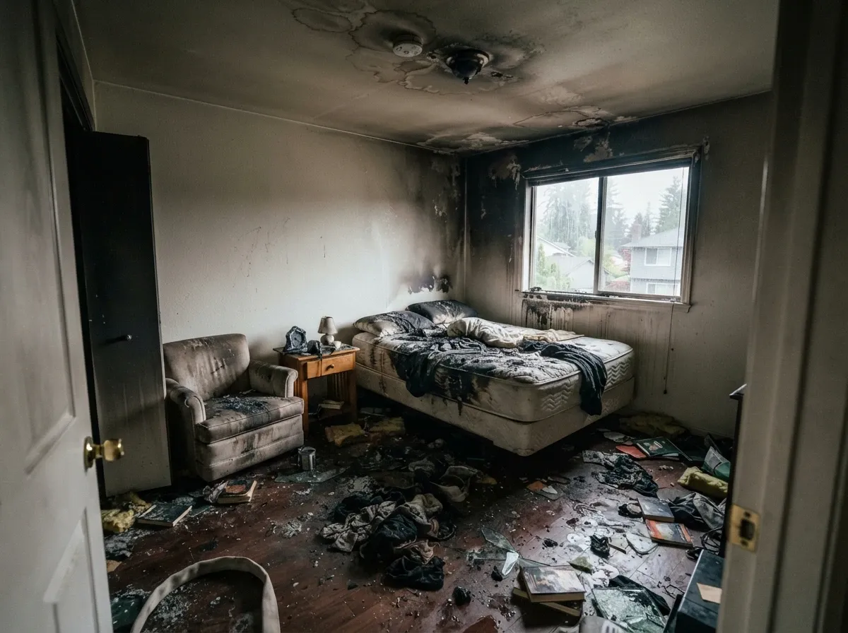 Seattle utility room with fire and smoke damage before restoration