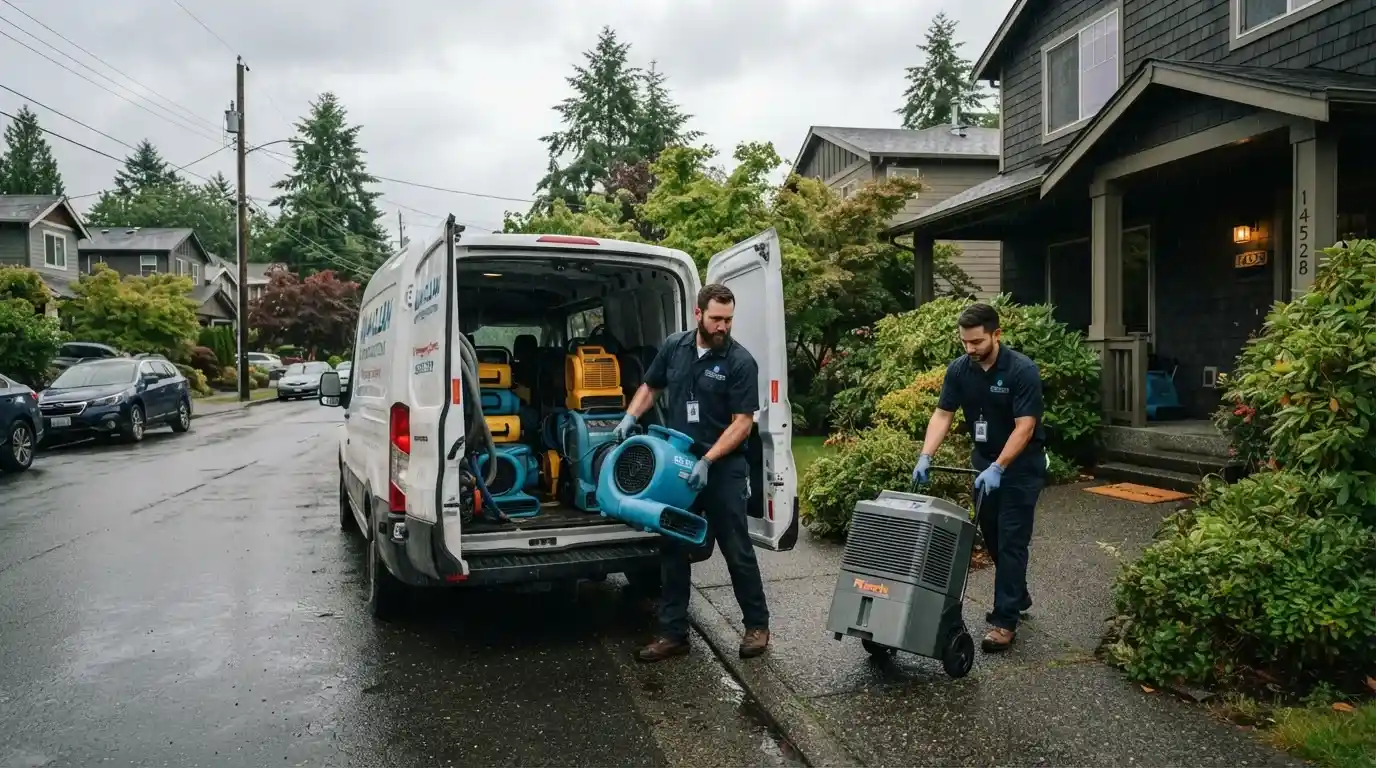 Water damage restoration technician helping a Seattle homeowner